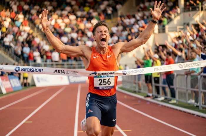 Sprinter célèbre franchissant la ligne d'arrivée en triomphe lors d'un championnat mondial d'athlétisme
