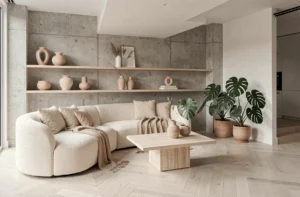 Salon moderne minimaliste avec canapé bouclé crème, table en travertin et plantes tropicales, illustrant les tendances déco maison de l'année