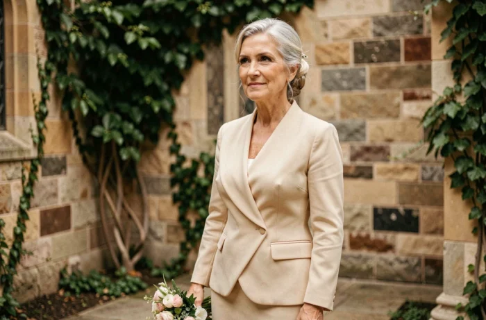 Mère du marié en robe blazer champagne dans une cour d'église lors d'un mariage, élégante et souriante