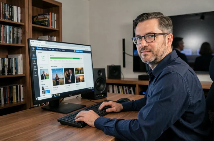 Homme gérant un transfert de fichiers vidéo vers une clé USB sur un ordinateur de bureau