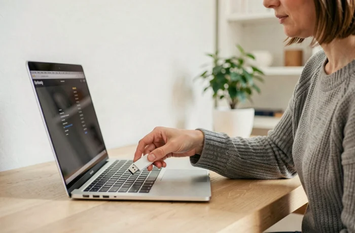 Femme insérant une clé USB dans un ordinateur portable pour transférer des films