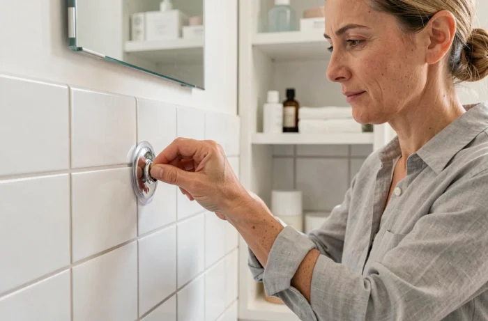 Femme fixant un crochet ventouse sur du carrelage blanc dans une salle de bain moderne sans perçage