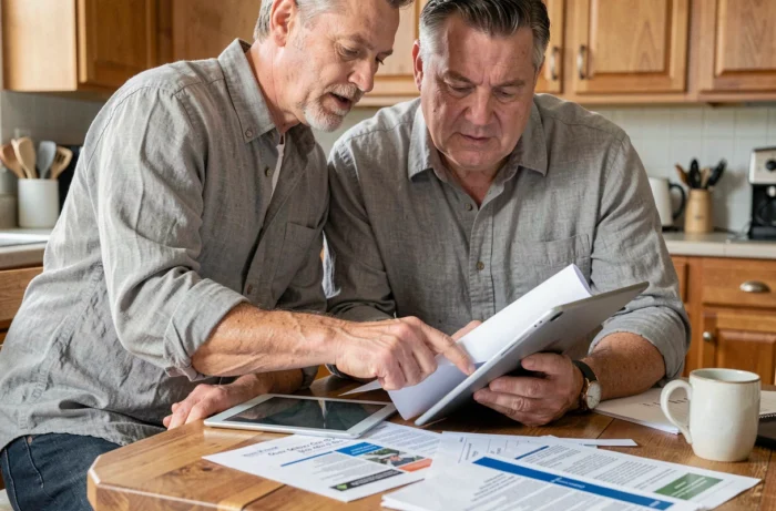 Propriétaire vérifiant les certifications et avis d'un artisan sur tablette et documents papier avant de confier des travaux
