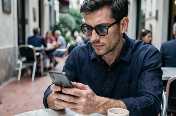 Homme utilisant une application pour voir des stories Instagram sans être vu dans un café urbain
