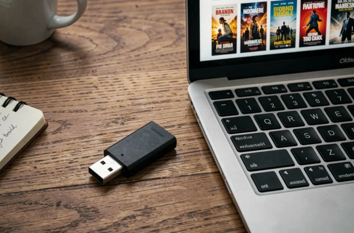 Vue de dessus d'une clé USB posée sur un bureau avec un ordinateur affichant des films à transférer