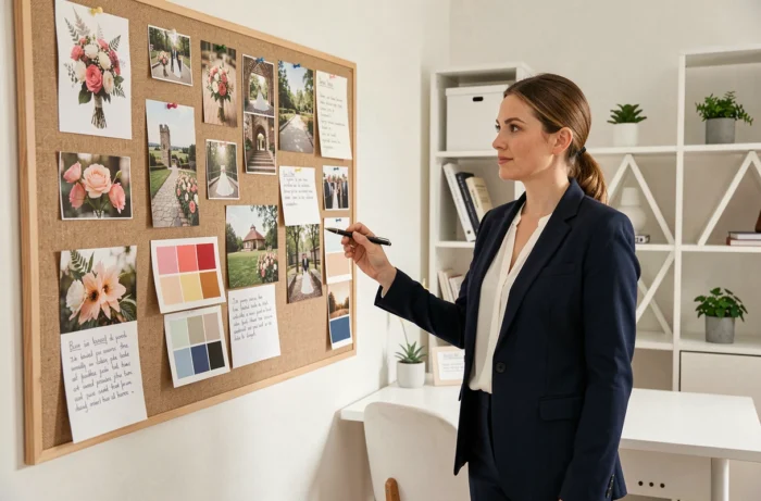 Wedding planner professionnelle devant un tableau d'inspiration pour l'organisation d'un mariage express dans un studio moderne